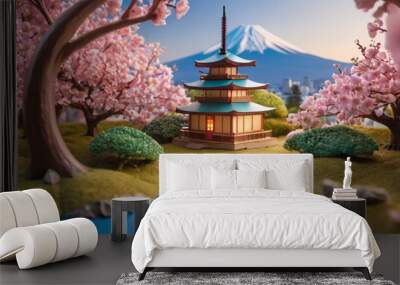 Japanese vintage house 3D cartoon design illustration. Japan miniature asian home building with pond, river, pink cherry blossom and fuji mountain concept. 3D animation background Wall mural