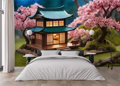 Japanese vintage house 3D cartoon design illustration. Japan miniature asian home building with pond, river, pink cherry blossom and fuji mountain concept. 3D animation background Wall mural