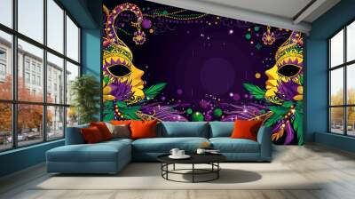 a border for a mardi gras event, feathers, masks, beads Wall mural