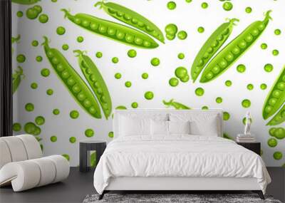 Seamless vector vegetables pattern green pea pods, isolated on white background Wall mural