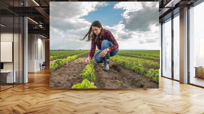 A young female farmer in a soybean field Wall mural