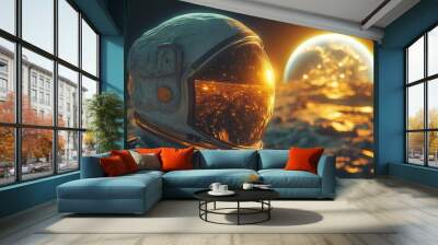 astronaut on lunar surface gazing at massive earthlike exoplanet filling the horizon stars glittering in inky black sky reflection in helmet visor Wall mural