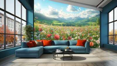 enchanting spring meadow vibrant wildflowers in foreground rolling green hills azure sky with wispy clouds soft sunlight idyllic pastoral scene photorealistic rendering Wall mural