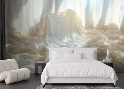 ghostly white tshirt hovering in surreal void fabric rippling as if caught in unseen breeze shadows creating depth and dimension Wall mural