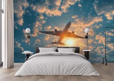 passenger airplane gracefully soars through a brilliant blue sky surrounded by fluffy white clouds sun rays glisten off its wings evoking a sense of adventure freedom and the joy of travel Wall mural