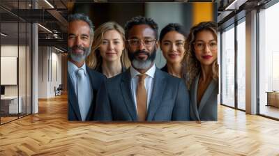 powerful group portrait of diverse business professionals confident poses and united expressions convey corporate success modern office backdrop with sleek minimalist design Wall mural