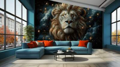 symbolic illustration of the zodiac sign leo featuring a regal lions head intertwined with astrological elements set against a celestial background Wall mural