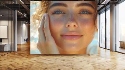 young woman applying sunscreen on her face enjoying a sunny beach day the sunlight dances on her skin creating a warm atmosphere filled with carefree summer vibes and protection Wall mural