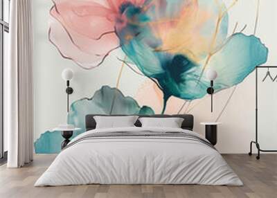 Watercolor painting of three pastel pink, teal and orange abstract flowers on a white background in a minimalist style with delicate brush strokes. Minimal spring and summer floral background Wall mural