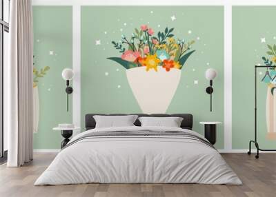 Happy Women March 8. Set cute postcard, a poster with a bouquet of flowers and stars. Spring composition, congratulations to mothers. Vector illustration on a delicate green background. Wall mural