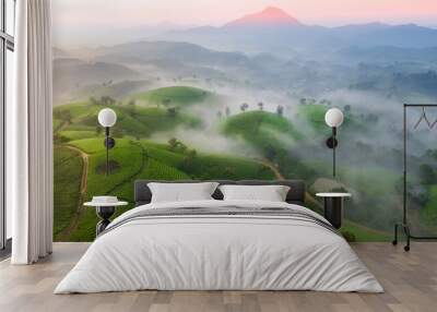 Aerial Drone Beautiful Sunrise Scene with fog at Long Coc in Phu Tho Province Vietnam Wall mural