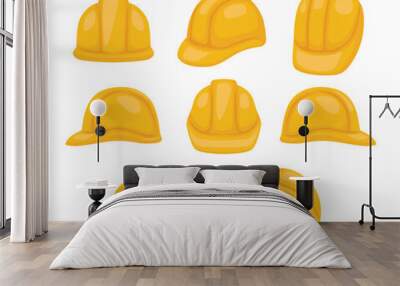 Safety construction helmet set with various view or composition, yellow hard hat with different view angles, construction safety industry hat protective worker, Hard Hat Icon isolated white background Wall mural