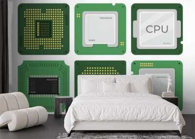 Set of chip Central Computer Processors CPU collection , Circuit board computer hardware, microprocessor electronic chip, development technology concept, isolated on white background. Wall mural