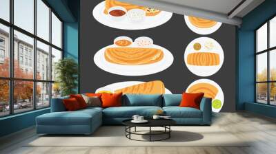 Set of masala dosa food collection, breakfast South Indian Food Dosa with Sambar and chutney on plate, Indian cuisine restaurant menu, isolated on black background, vector illustration. Wall mural