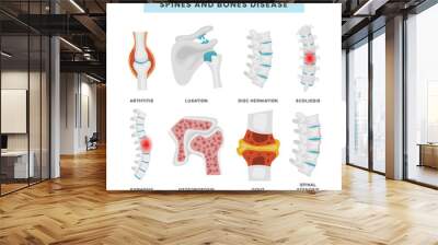 Set of spine and bone disease collection with arthritist, luxation, disc herniation, scoliosis, kyphosis, osteoporosis, gout, spinal stenosis. educational scheme with healthy and abdominal backbone. Wall mural