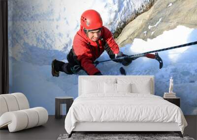 Ice climbing the waterfall. Wall mural