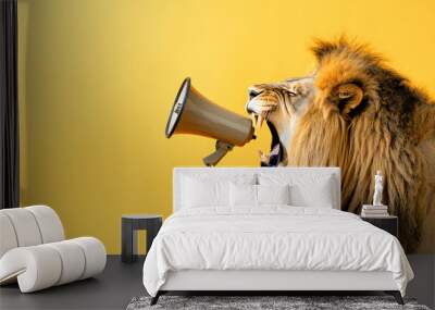 A lion growls into a megaphone. Concept of advertising with blank space Wall mural