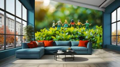 Concept of cohesion and teamwork with toy men holding hands Wall mural