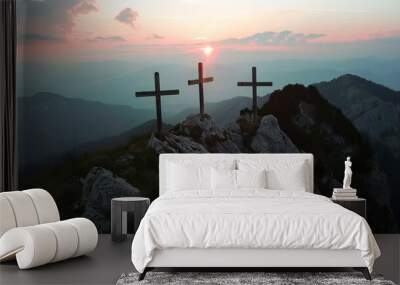 cross at sunset over the mountains Wall mural