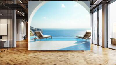 Exotic resort vacation in a villa with sun loungers and pool and sea view Wall mural