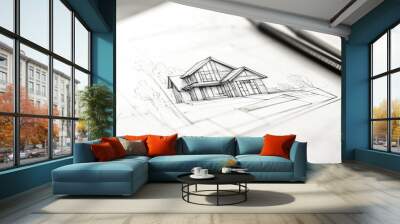 House architecture concept image with a house sketch pencil drawing on a white paper on a table Wall mural