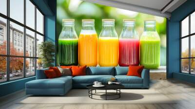 Premium clear bottle of cold-pressed juice made from natural fruits Wall mural