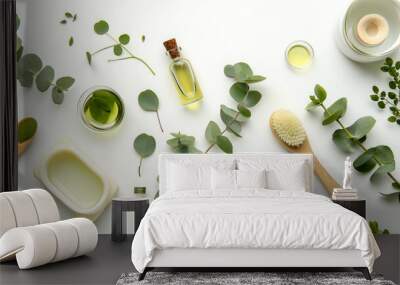 Spa concept with eucalyptus oil and eucalyptus leaf. Background, flat layout, top view Wall mural