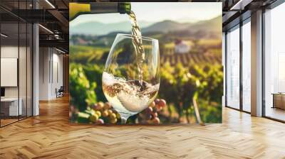 Wine glass with poured white wine and vineyard landscape of sunshine Wall mural