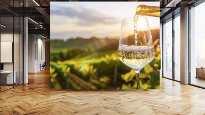 Wine glass with poured white wine and vineyard landscape of sunshine Wall mural