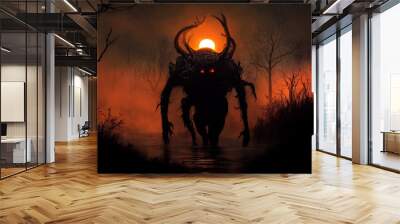 A creepy swamp demon inspecting his possessions at sunset. Realistic digital illustration. Fantastic Background. Concept Art. CG Artwork. Wall mural