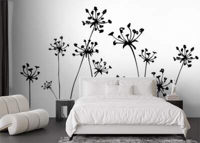 Background with inflorescences silhouettes. Grass. Herbs. Spring or summer floral background. Wall mural