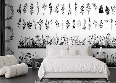 Big floral collections of black silhouettes of meadow herbs, floral backgrounds and wreaths. Wildflowers. Wild grass. Floral elements for your design. Vector illustration. Wall mural