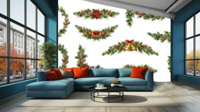 Big set of Christmas fir garlands with poinsettia, red berries, cones and jingle bells. Wall mural