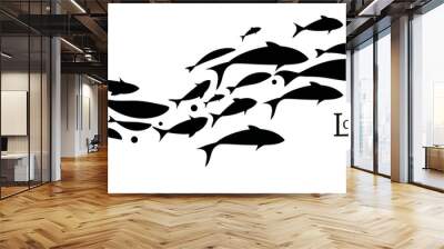 Black flock of swimming fish. Vector illustration Wall mural