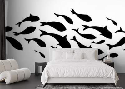 Black silhouette school of fish. Vector illustration. Wall mural