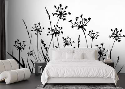 Floral background with grass and flowers silhouettes. Spring or summer background. Wall mural