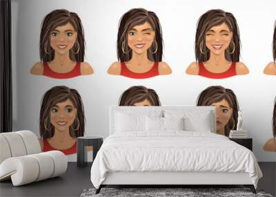 Set of beautiful brunette girl with different emotions. Woman with different facial expressions. Vector illustration. Wall mural