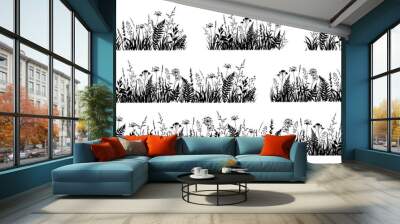 Spring or summer floral set with black silhouettes of meadow wild herbs and flowers. Wild flowers. Wall mural