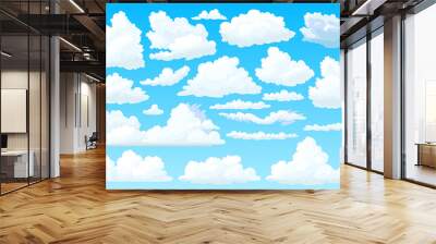 vector cloudy sky, heaven space. White cartoon fluffy clouds set. Cumulus, cumulonimbus, cloudscape template. 2d design air smoke elements art. Weather outdoor fun banner on blue panorama background Wall mural