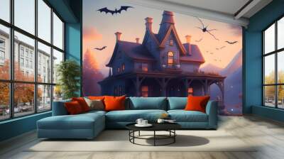 scarry castle halloween with flying bat Wall mural