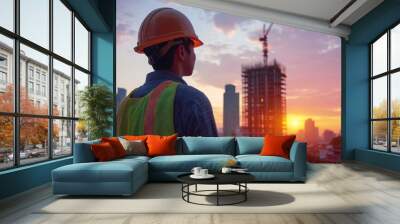 Asian construction leader overseeing timelapse of high rise building project progression Wall mural