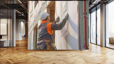 Construction worker installing styrofoam insulation sheets for thermal protection Wall mural