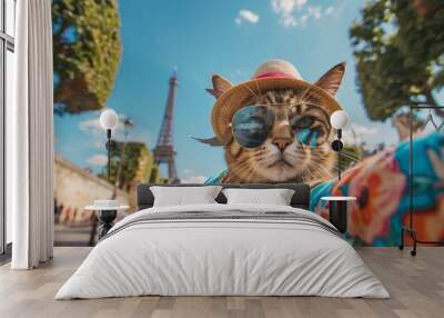 Cool cat in paris. taking a selfie in summer outfit and sunglasses - travel concept Wall mural