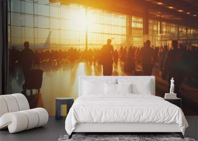 Crowded airport departure lounge with travelers awaiting their flights under bright sunlight Wall mural