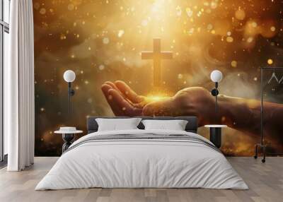 Divine hand of god giving hope, christs cross in background for spiritual inspiration and faith Wall mural