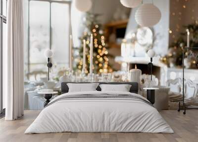 Elegant white theme for a casual Christmas dinner with stylish white decor and delicious cuisine Wall mural