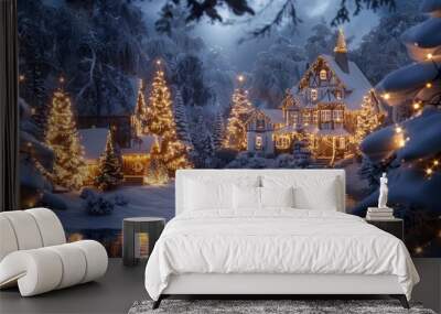 Enchanting snowy landscape with glistening christmas lights in a mesmerizing winter wonderland Wall mural