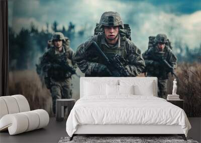 Military troops advancing strategically in combat formation for tactical warfare operations Wall mural