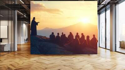 Silhouette of jesus delivering sermon on mountain top in biblical ministry and gospel teaching Wall mural