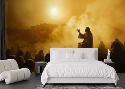 Silhouette of jesus preaching sermon on mountain top in ministry, biblical gospel teaching Wall mural